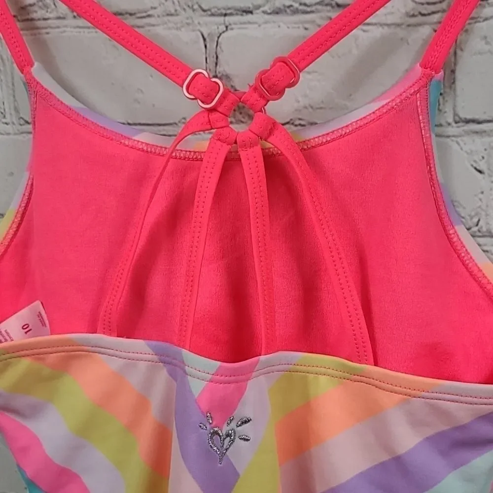 Justice Neon Pink Stripe Sunkissed 1pc Swimsuit Girls Size 10 Bathing Suit Swim